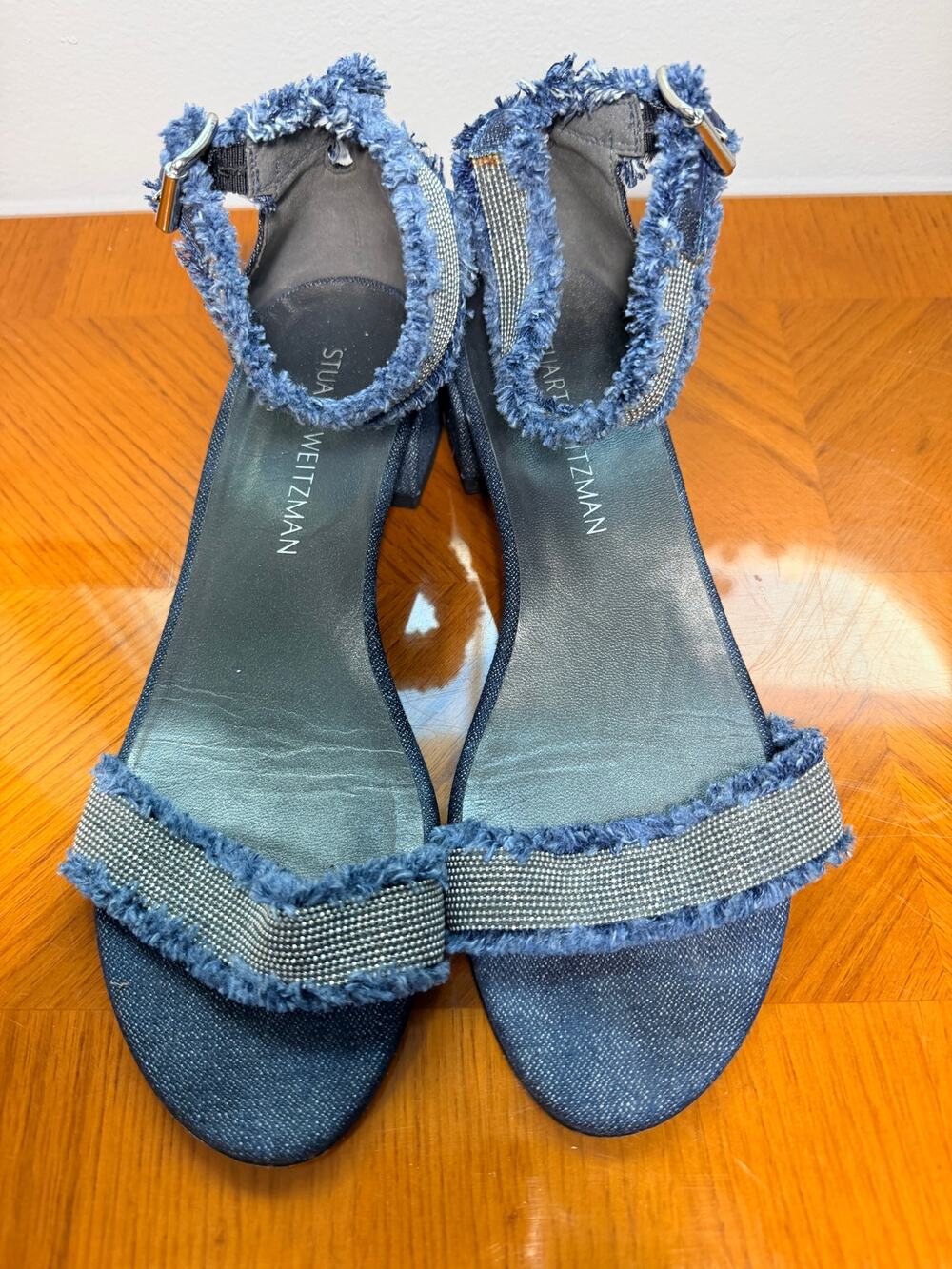 Stuart Weitzman Women Sandal Size 7.5 Blue Denim Block Heel Ankle Strap Fringe